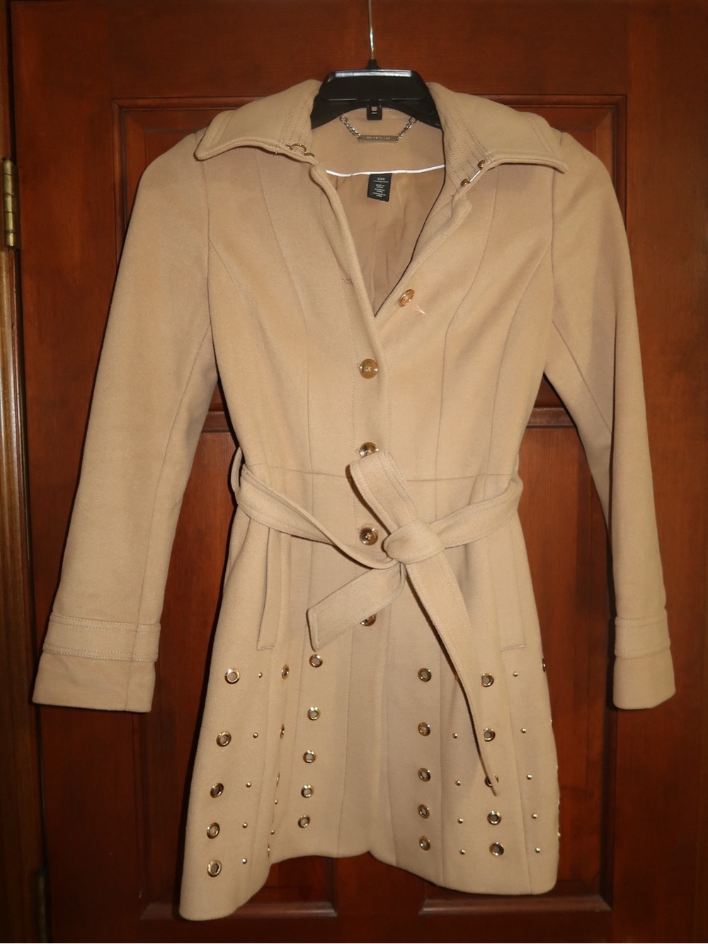 White House Black Market Beige Studded Belted Wool Blend Coat